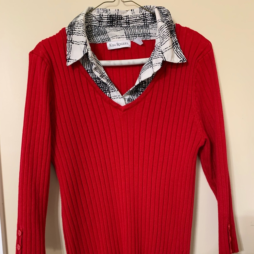 💰KIM ROGERS RED WITH BLK/WHT COLLAR SHRT